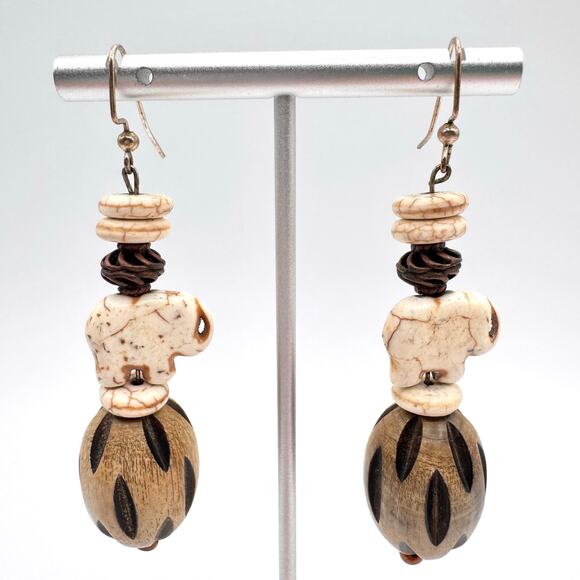 Tribal Native Folk Art Carved Howlite Elephant Nut Chunky Big Statement Earrings - Picture 2 of 12